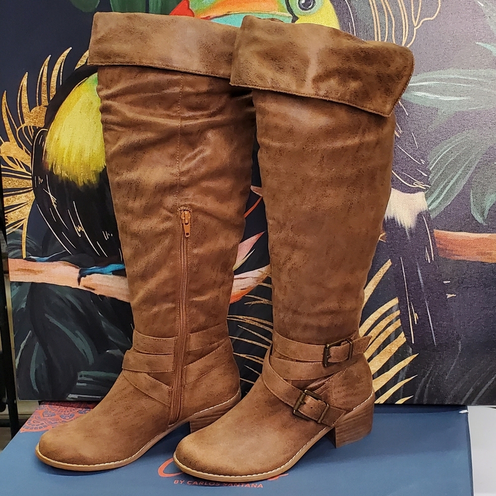 Women’s Brown Knee-High Buckle Boots #7004